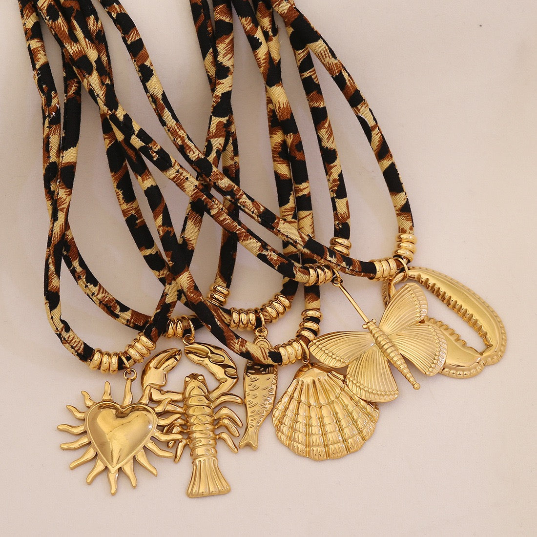 Leopard Print Braided Rope Necklace with Heart, Sun & Butterfly Pendants