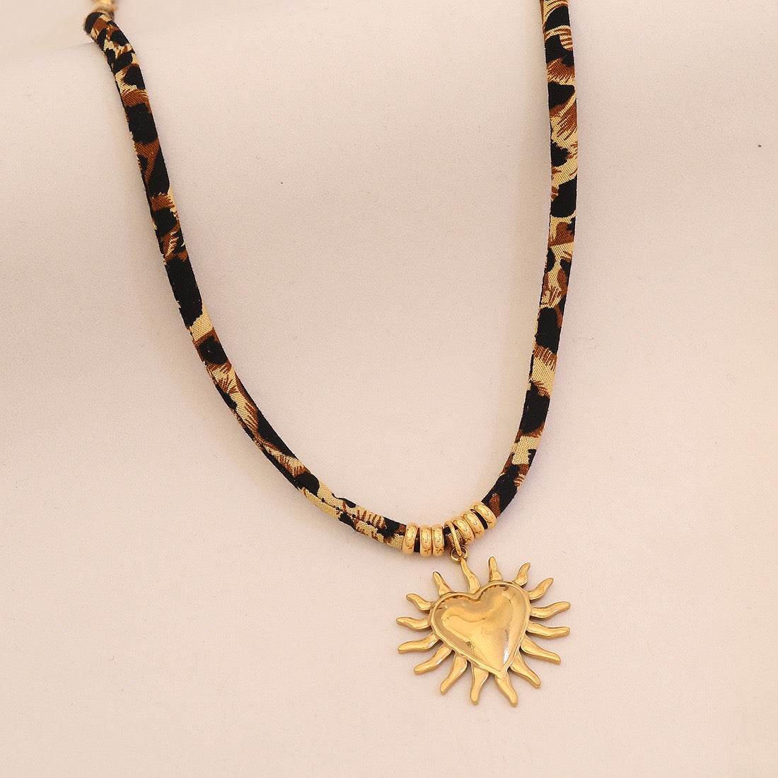 Leopard Print Braided Rope Necklace with Heart, Sun & Butterfly Pendants