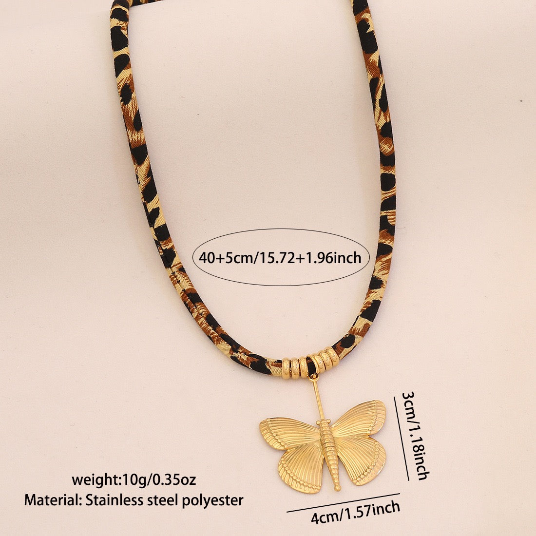 Leopard Print Braided Rope Necklace with Heart, Sun & Butterfly Pendants