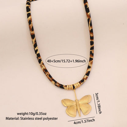 Leopard Print Braided Rope Necklace with Heart, Sun & Butterfly Pendants