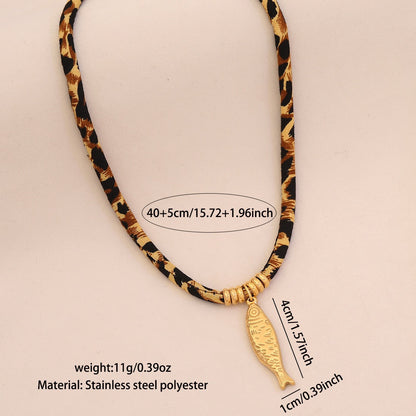 Leopard Print Braided Rope Necklace with Heart, Sun & Butterfly Pendants