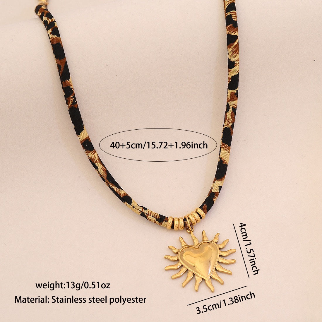 Leopard Print Braided Rope Necklace with Heart, Sun & Butterfly Pendants