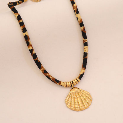 Leopard Print Braided Rope Necklace with Heart, Sun & Butterfly Pendants