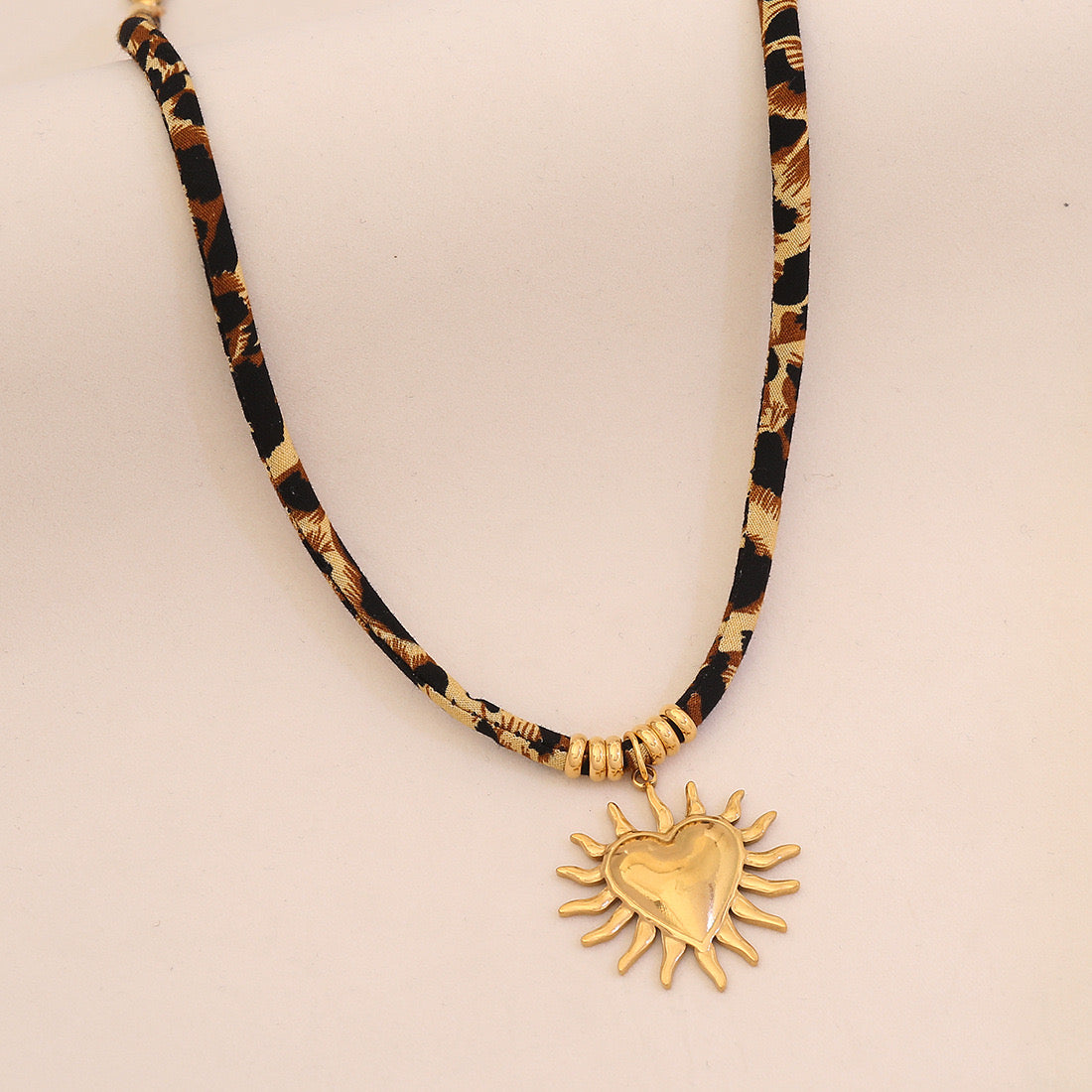 Leopard Print Braided Rope Necklace with Heart, Sun & Butterfly Pendants
