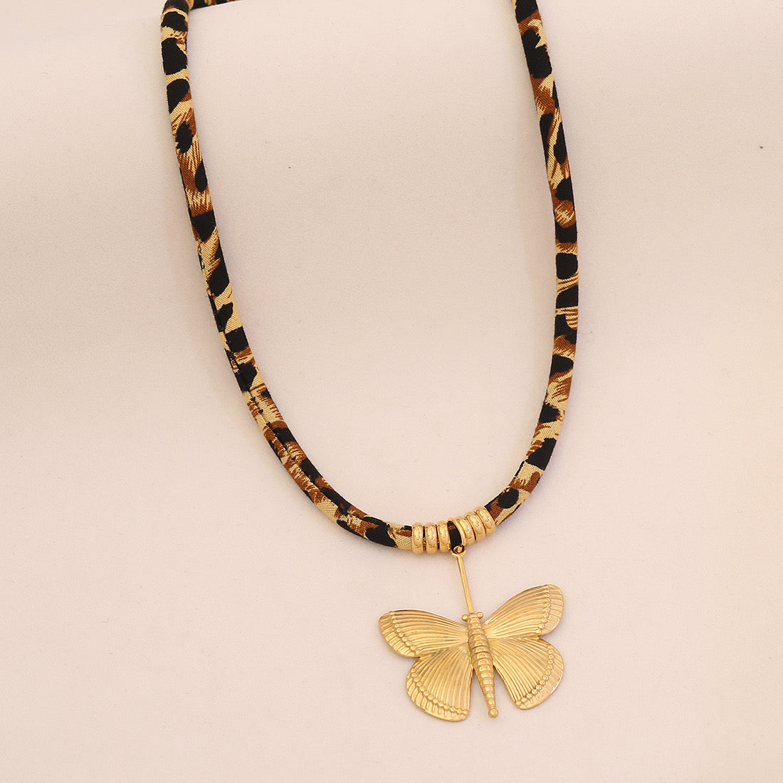 Leopard Print Braided Rope Necklace with Heart, Sun & Butterfly Pendants