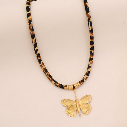 Leopard Print Braided Rope Necklace with Heart, Sun & Butterfly Pendants