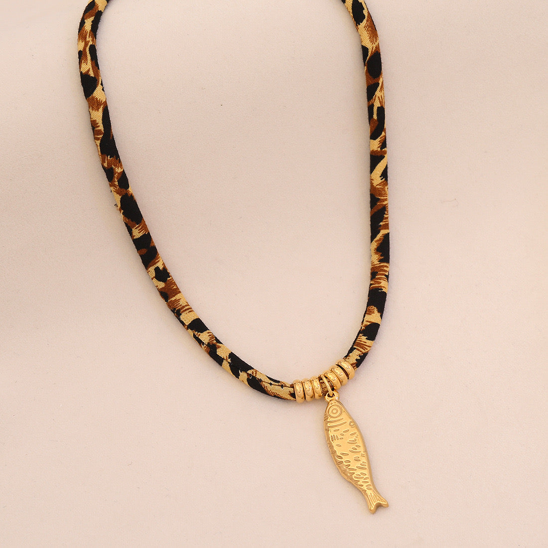 Leopard Print Braided Rope Necklace with Heart, Sun & Butterfly Pendants