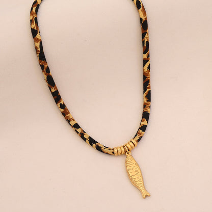 Leopard Print Braided Rope Necklace with Heart, Sun & Butterfly Pendants
