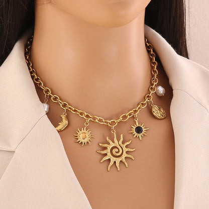 Gold-Plated Sun, Moon, Gemstone & Pearl Pendant Necklace
