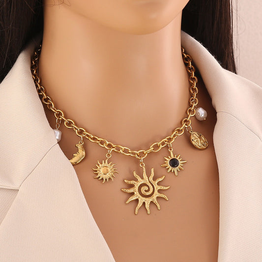 Gold-Plated Sun, Moon, Gemstone & Pearl Pendant Necklace