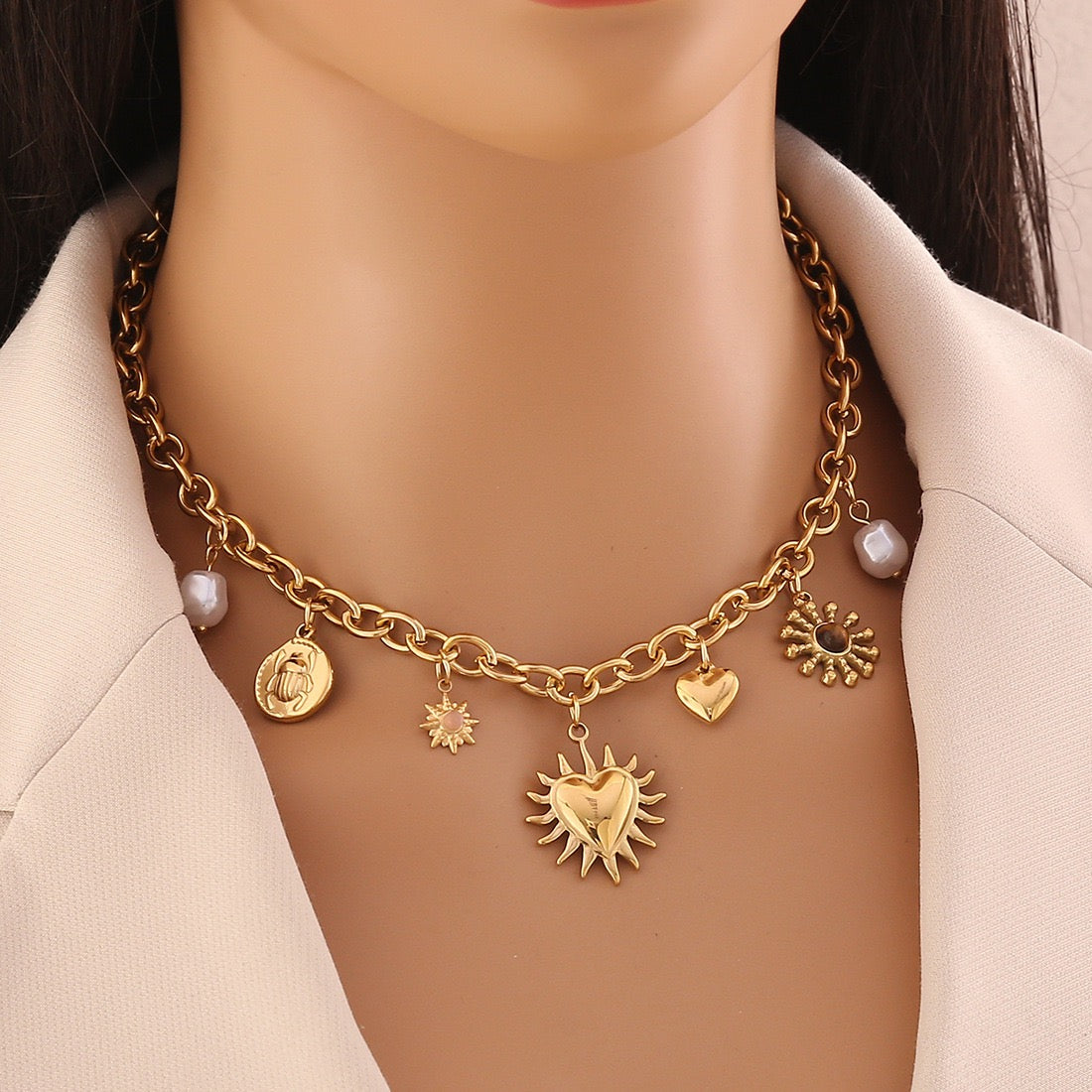 Gold-Plated Sun, Moon, Gemstone & Pearl Pendant Necklace