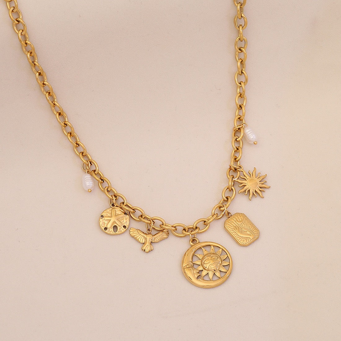 Gold-Plated Sun, Moon, Gemstone & Pearl Pendant Necklace