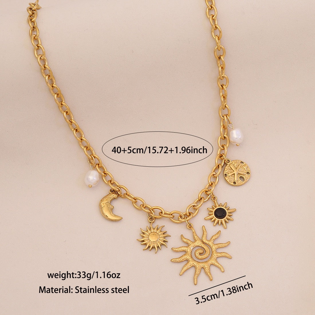 Gold-Plated Sun, Moon, Gemstone & Pearl Pendant Necklace