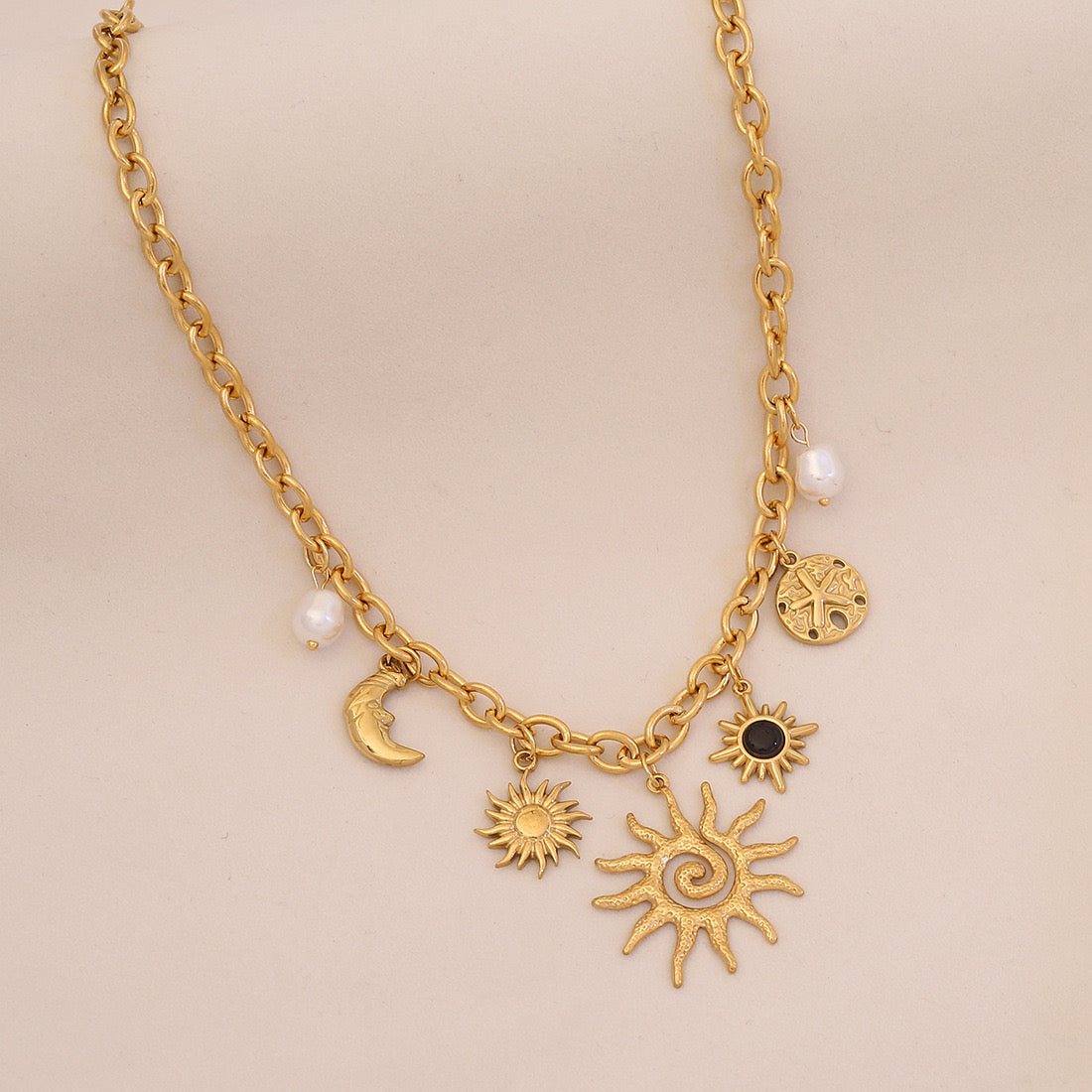 Gold-Plated Sun, Moon, Gemstone & Pearl Pendant Necklace