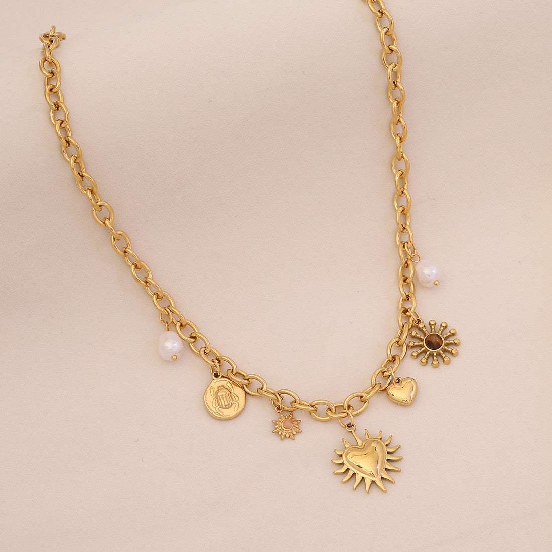 Gold-Plated Sun, Moon, Gemstone & Pearl Pendant Necklace