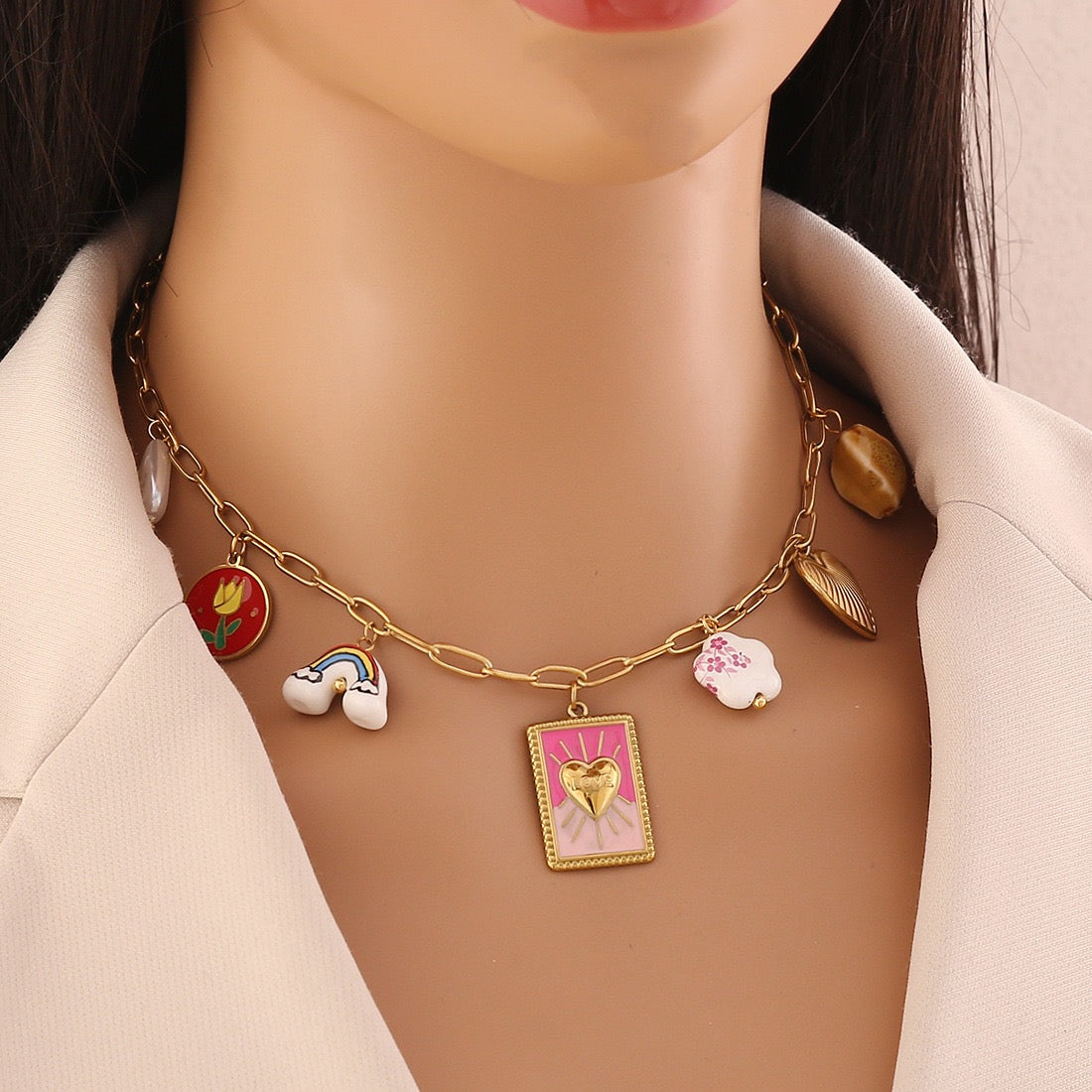 Red Chilli Pepper Heart & Faux Pearl Stainless Steel Necklace