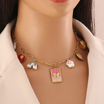 Red Chilli Pepper Heart & Faux Pearl Stainless Steel Necklace