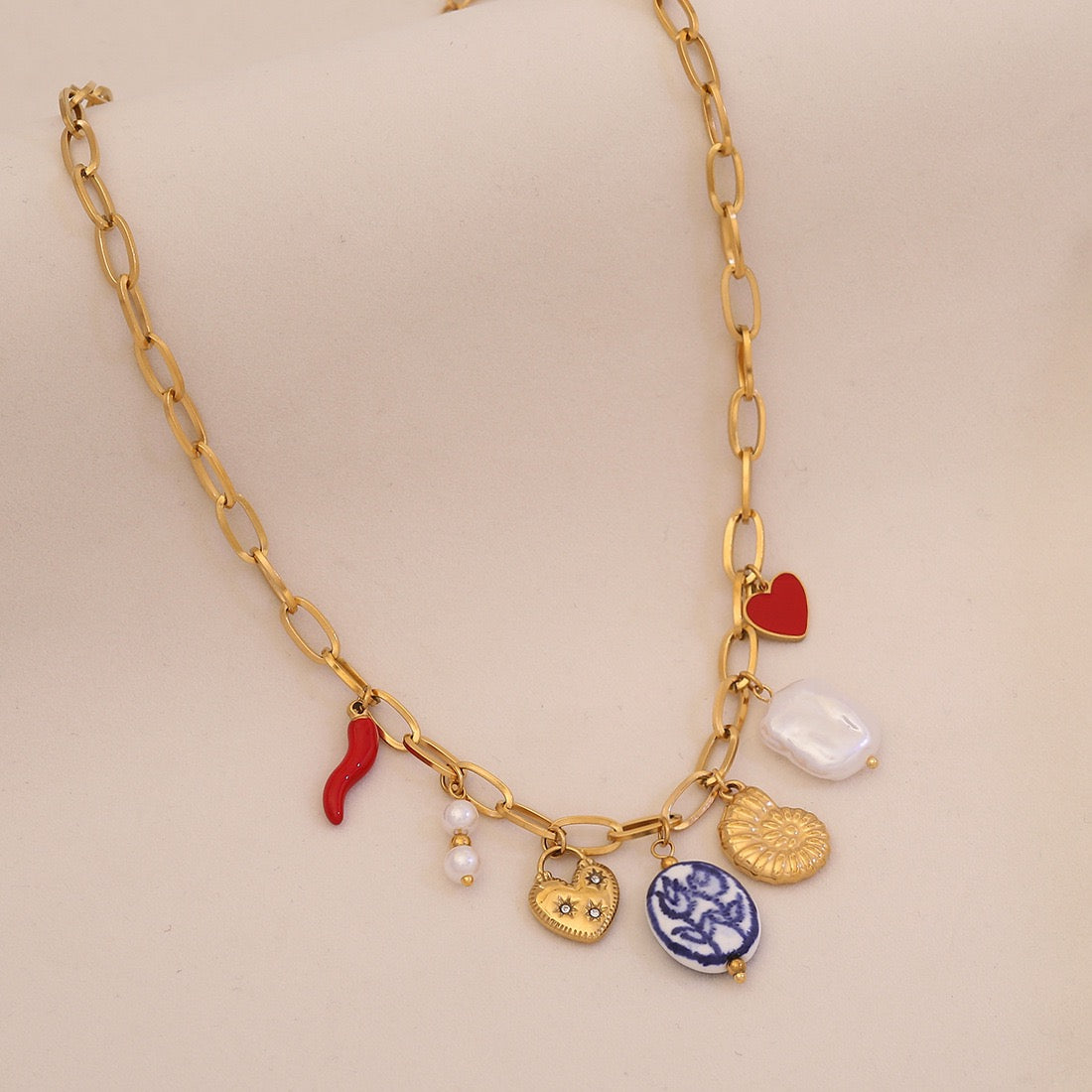 Red Chilli Pepper Heart & Faux Pearl Stainless Steel Necklace