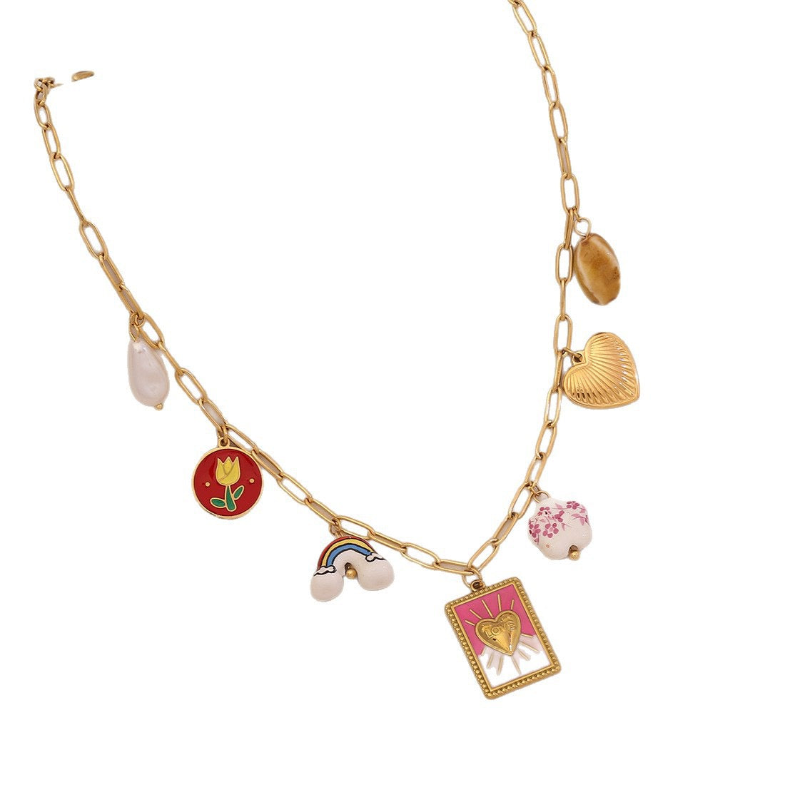 Red Chilli Pepper Heart & Faux Pearl Stainless Steel Necklace