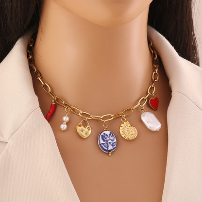 Red Chilli Pepper Heart & Faux Pearl Stainless Steel Necklace