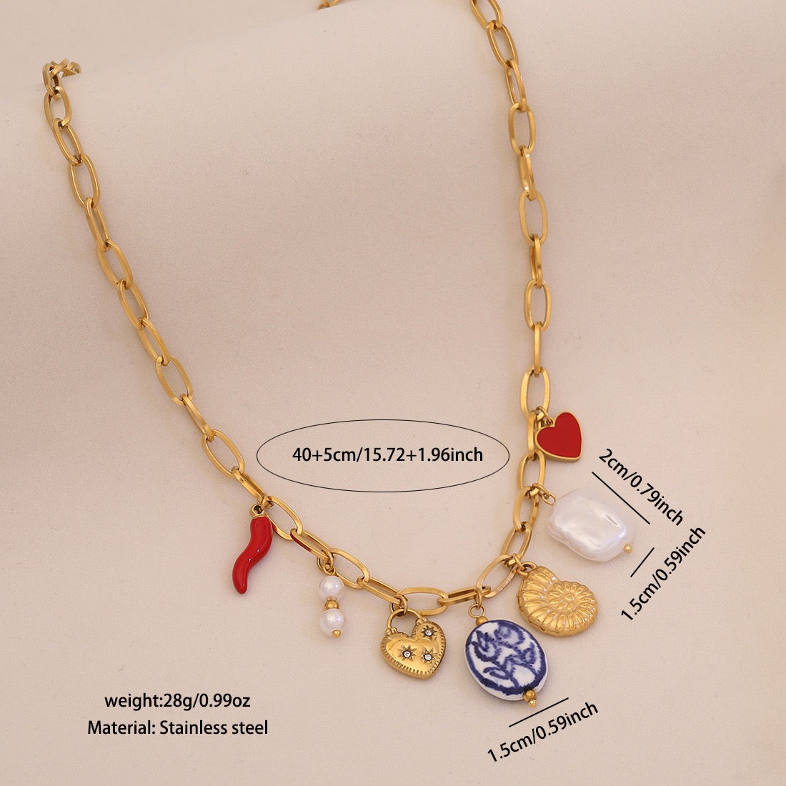 Red Chilli Pepper Heart & Faux Pearl Stainless Steel Necklace