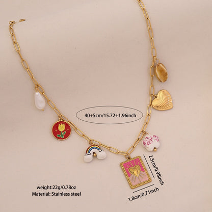 Red Chilli Pepper Heart & Faux Pearl Stainless Steel Necklace