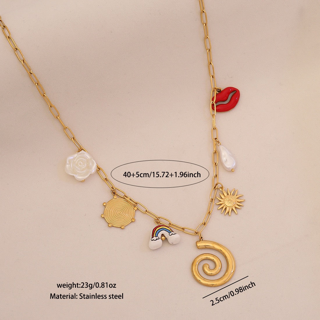 Red Chilli Pepper Heart & Faux Pearl Stainless Steel Necklace