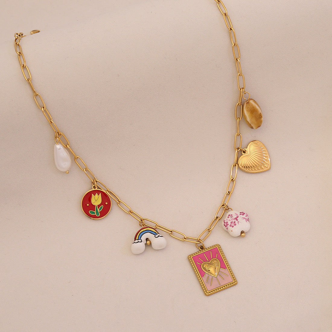 Red Chilli Pepper Heart & Faux Pearl Stainless Steel Necklace