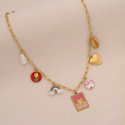 Red Chilli Pepper Heart & Faux Pearl Stainless Steel Necklace