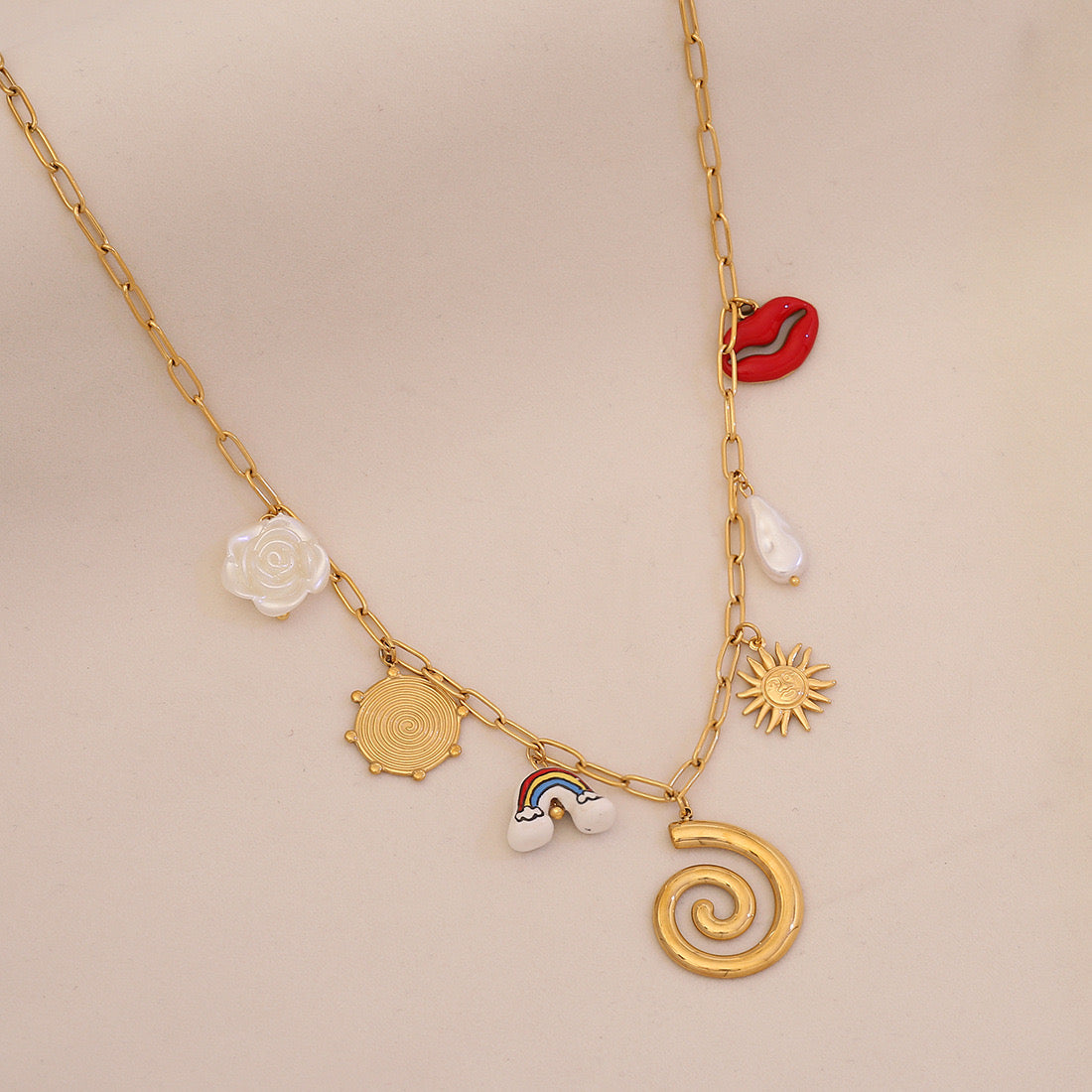 Red Chilli Pepper Heart & Faux Pearl Stainless Steel Necklace