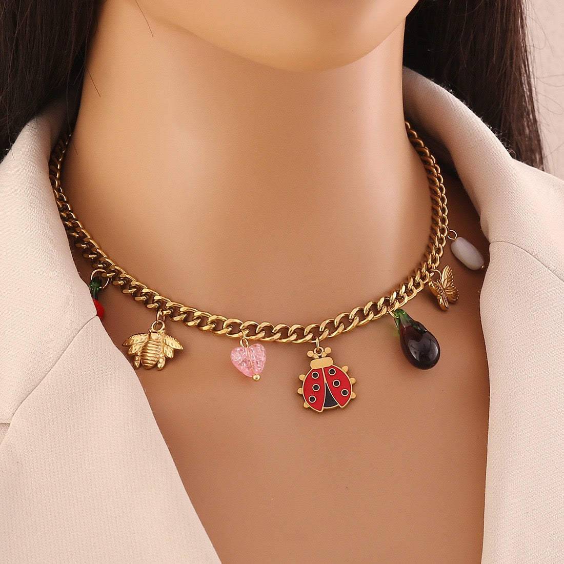 Bee, Butterfly & Daisy Stainless Steel Ladybug Necklace