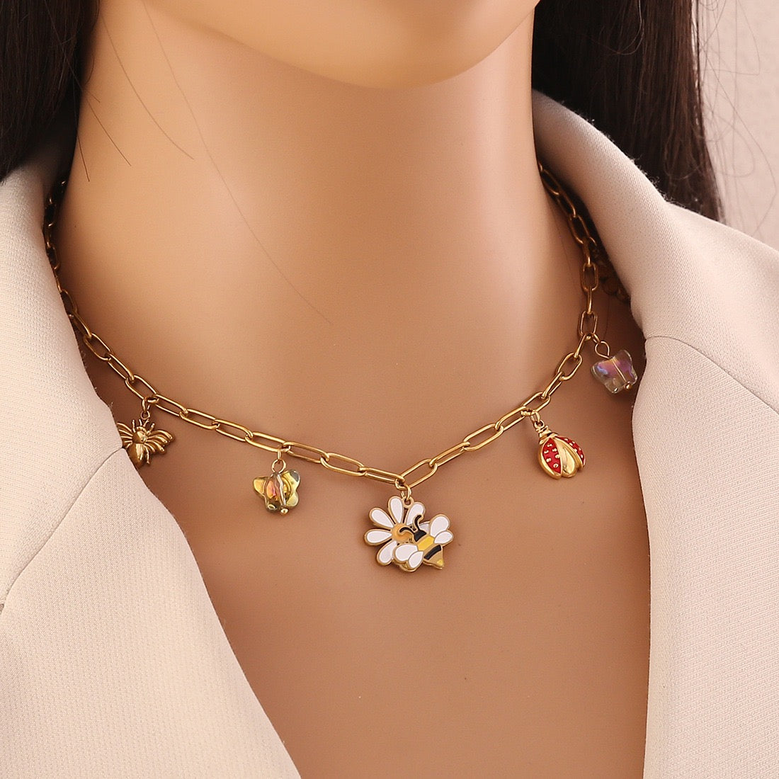 Bee, Butterfly & Daisy Stainless Steel Ladybug Necklace
