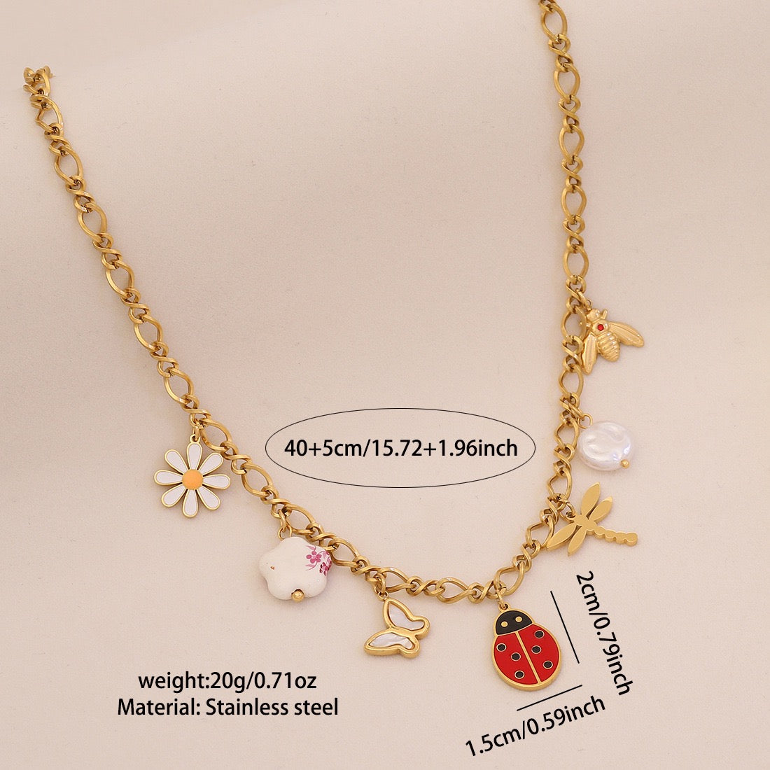 Bee, Butterfly & Daisy Stainless Steel Ladybug Necklace