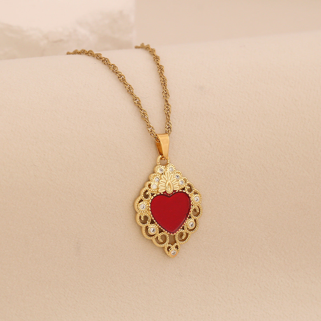 Crimson Zircon Heart Necklace